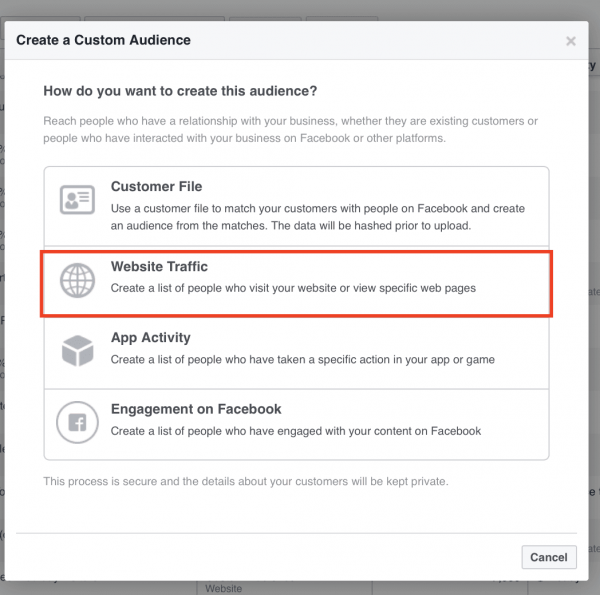 FB Create Custom Audience - Website Traffic