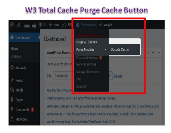 w3 total cache purge cache button on wordpress